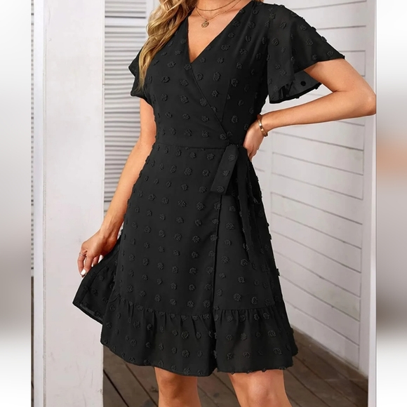 Pretty MS BASIC Womens Summer Wrap Dress~V Neck~Flutter Sleeve~Swiss Dot~Ruffles - Picture 3 of 7